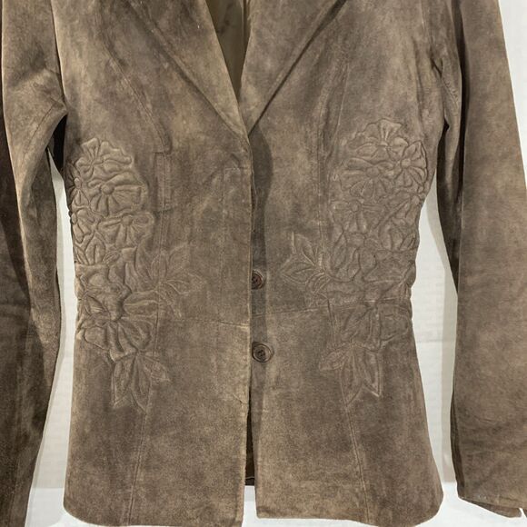 Margaret Godfrey Leather Suede Jacket Womens Small Petite Brown PP - Picture 2 of 8